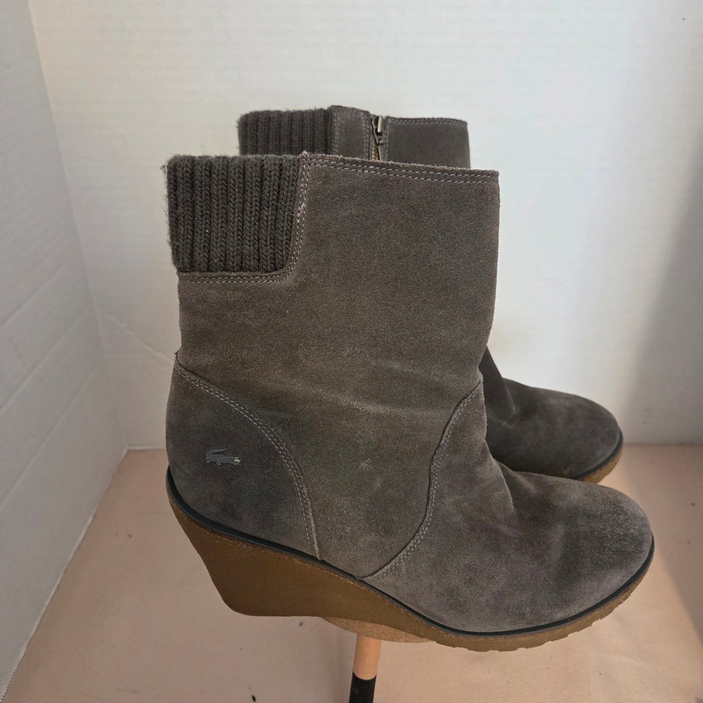 Lacoste Lazaret Grey Suede Wedge Boots Knit Trim Faux Shearling Lining size 9?
